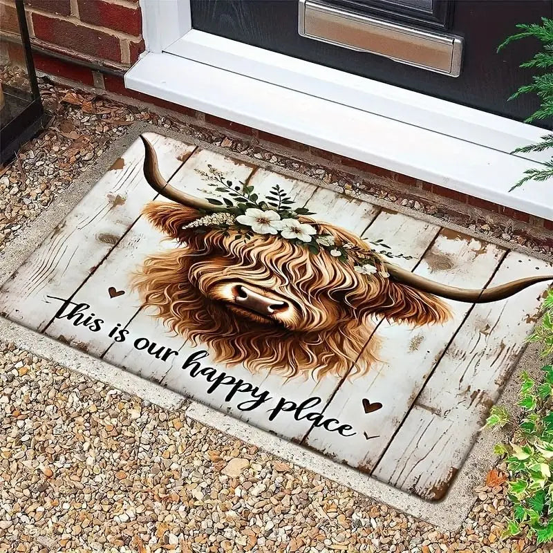 Highland Cow Floral "Happy Place" Welcome Mat Doormat