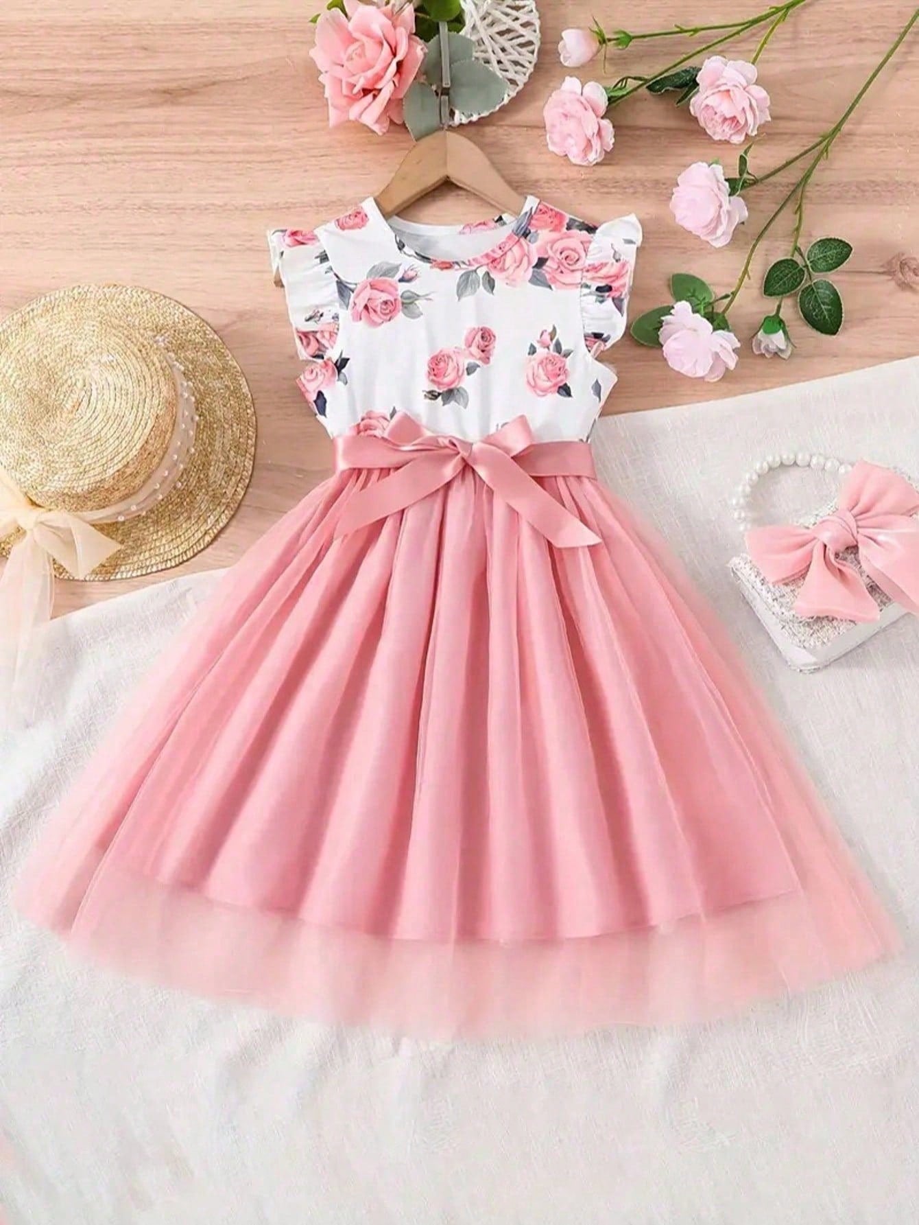 Blush Rose Floral Princess Dress with Bow & Tulle Skirt