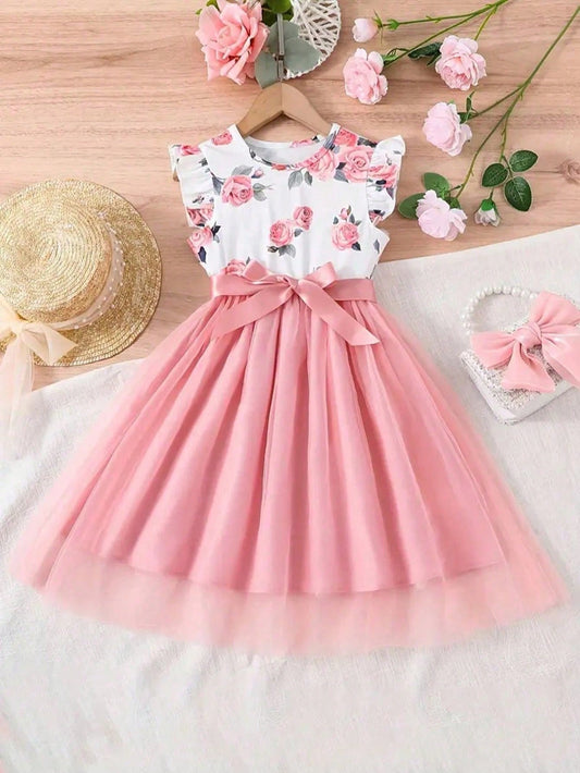 Blush Rose Floral Princess Dress with Bow & Tulle Skirt - Truly Yours