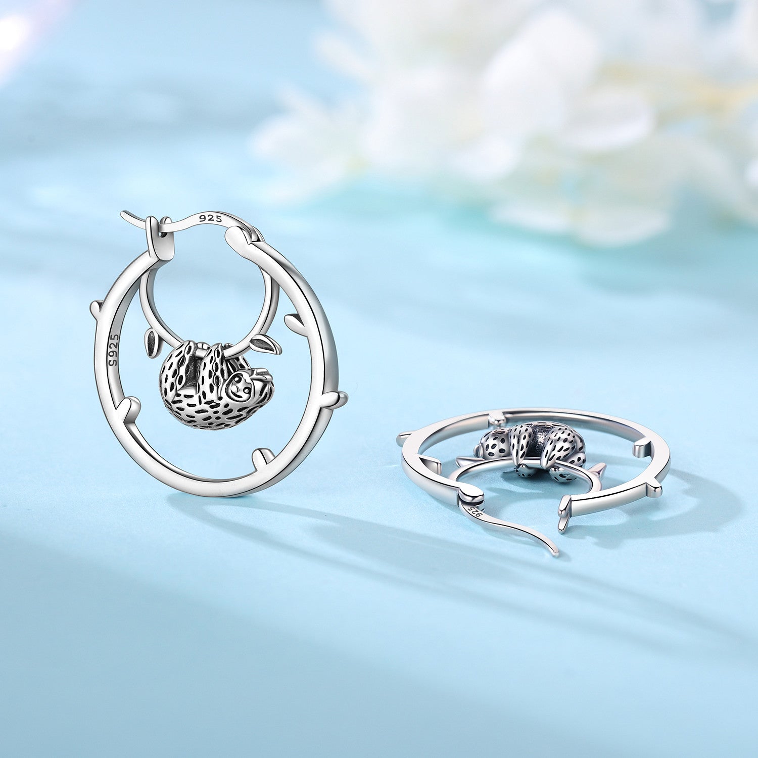 925 Sterling Silver Panda & Bamboo Hoop Earrings with Green Zircon Leaves - Various Designs