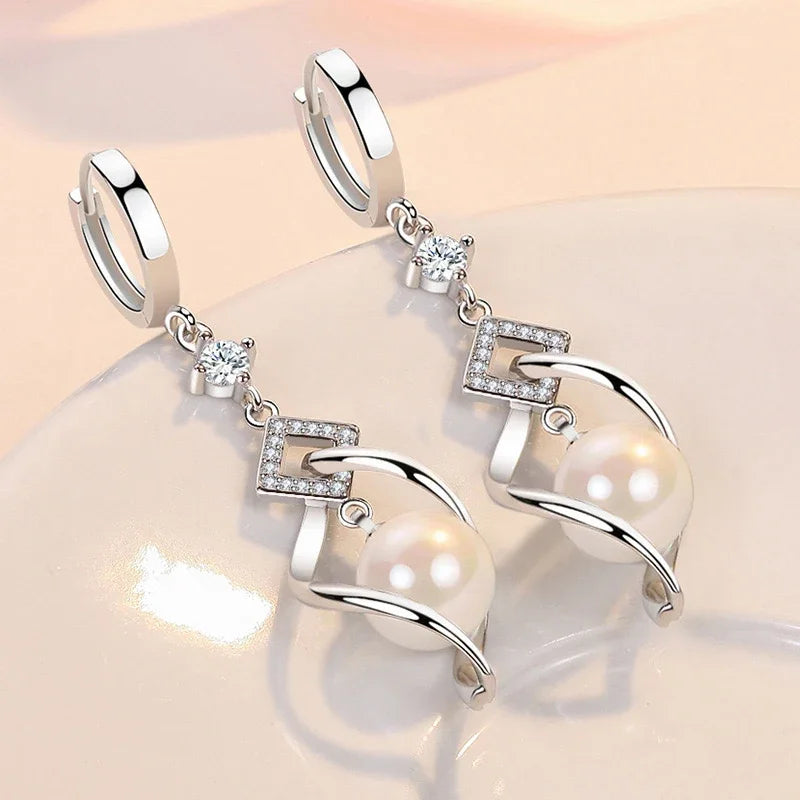 Elegant Pearl & Zircon Drop Earrings – 925 Sterling Silver