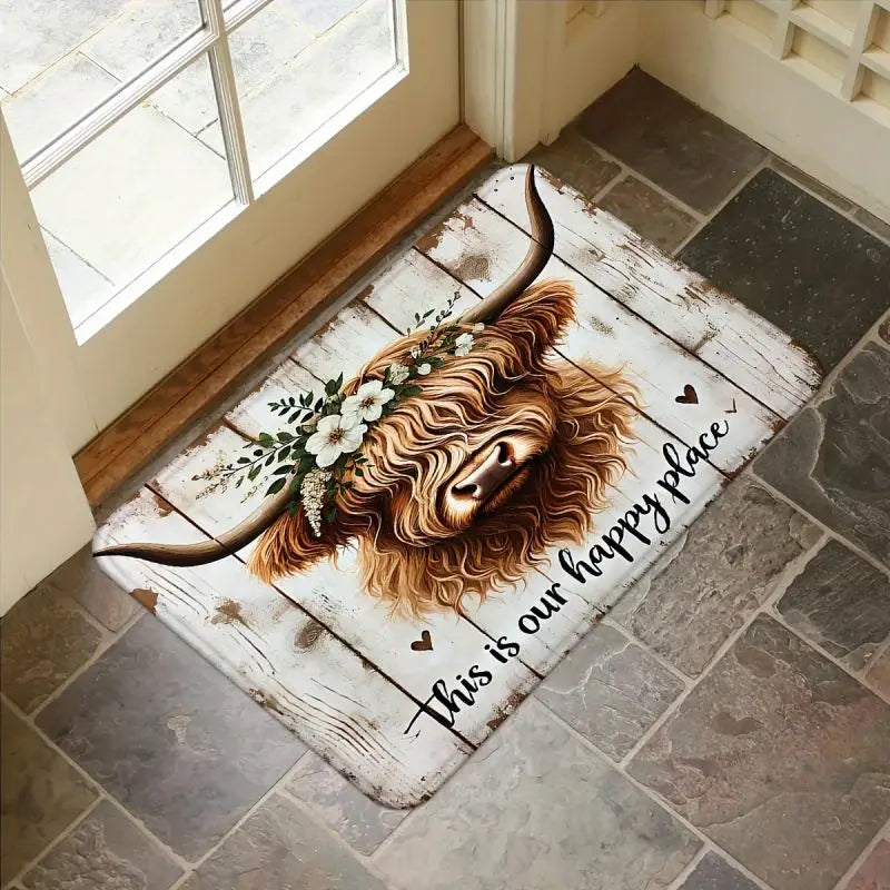 Highland Cow Floral "Happy Place" Welcome Mat Doormat