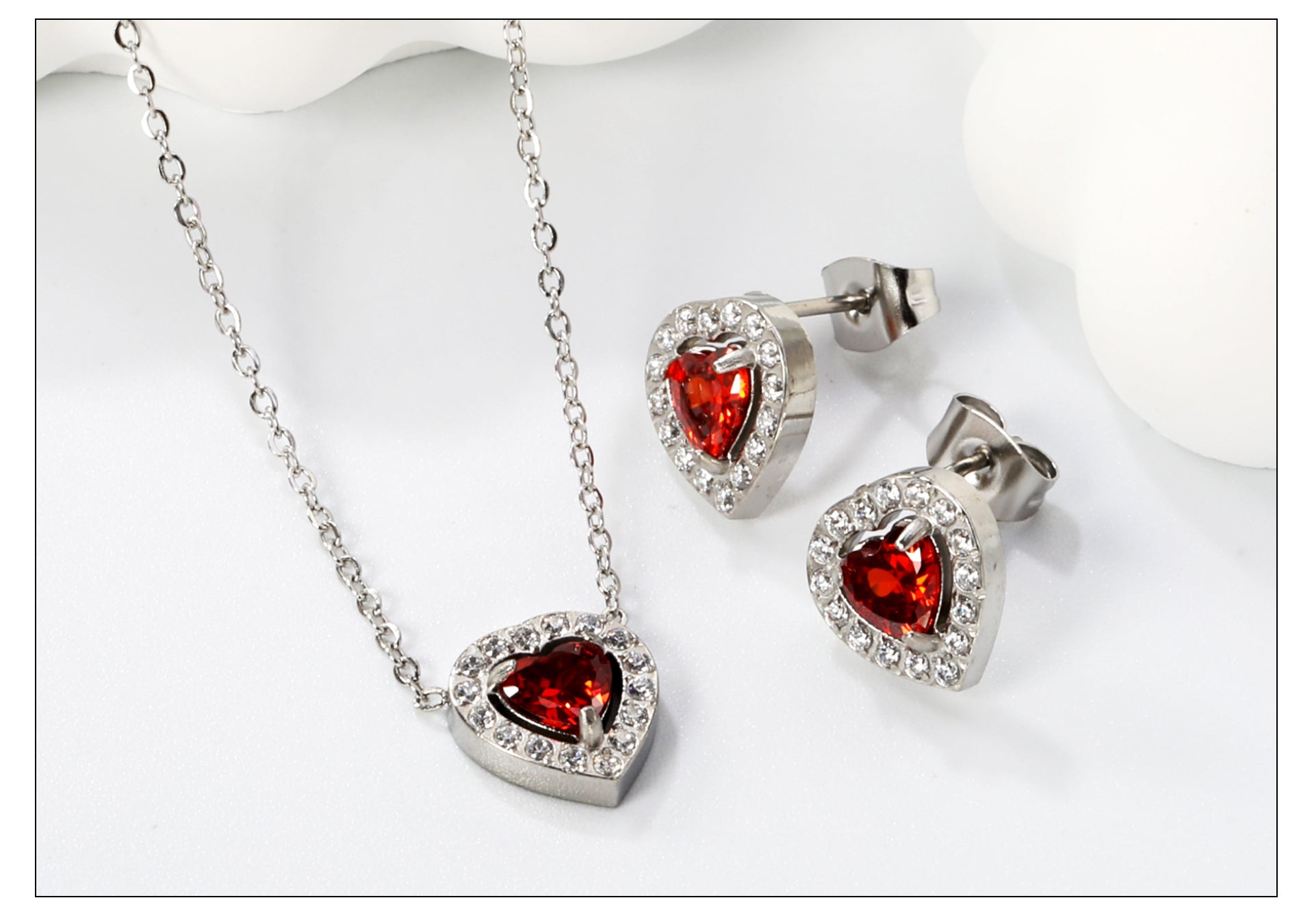 Love Heart Jewellery Set: Sparkling Red Zirconia Necklace and Earrings