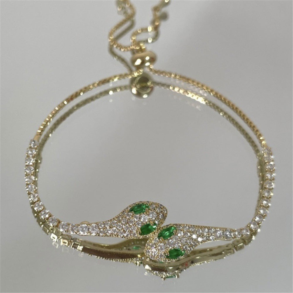 Gold Tone Snake Bracelet with Red & Green Zircon Stones - Adjustable - Truly Yours