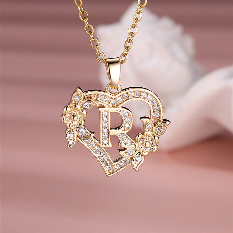 Gold-Plated Heart Initial Necklace – Sparkling Crystal A-Z Letter Pendant with Floral Accents - Truly Yours