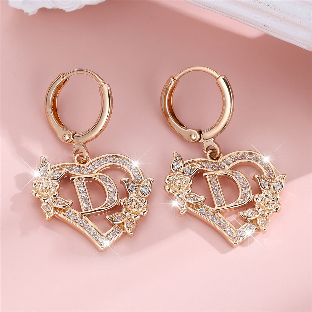 Gold-Plated Heart Initial Necklace – Sparkling Crystal A-Z Letter Earrings with Floral Accents - Truly Yours