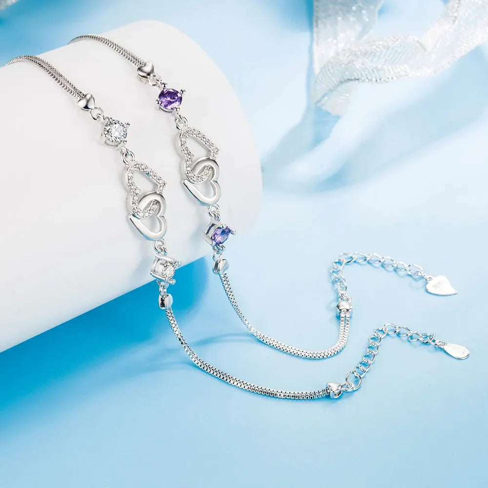 Double Heart Amethyst & Zircon Crystal Bracelet - Truly Yours