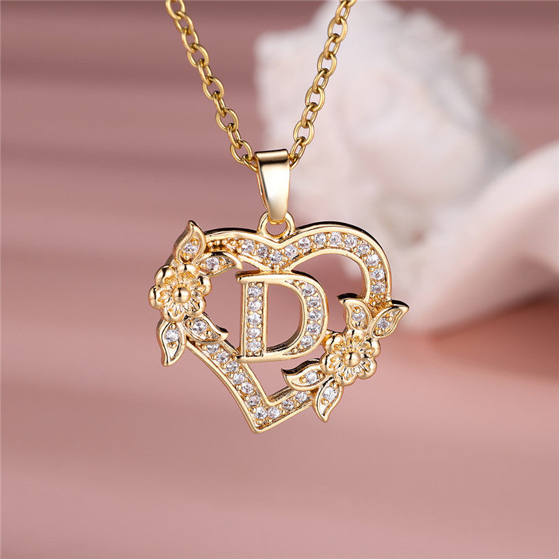 Gold-Plated Heart Initial Necklace – Sparkling Crystal A-Z Letter Pendant with Floral Accents - Truly Yours