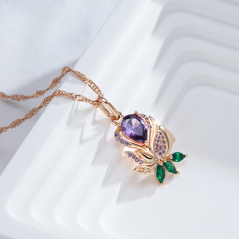 585 Rose Gold Purple & Green Zircon Floral Pendant Necklace (45+5cm) - Truly Yours