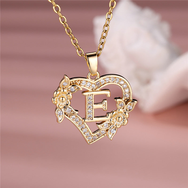 Gold-Plated Heart Initial Necklace – Sparkling Crystal A-Z Letter Pendant with Floral Accents - Truly Yours