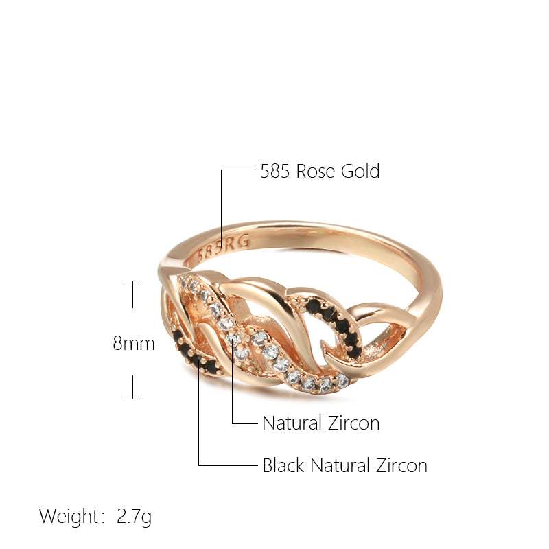 Elegant 14K (585) Rose Gold Wave Ring with Clear and Black Natural Zircon Accents - Truly Yours