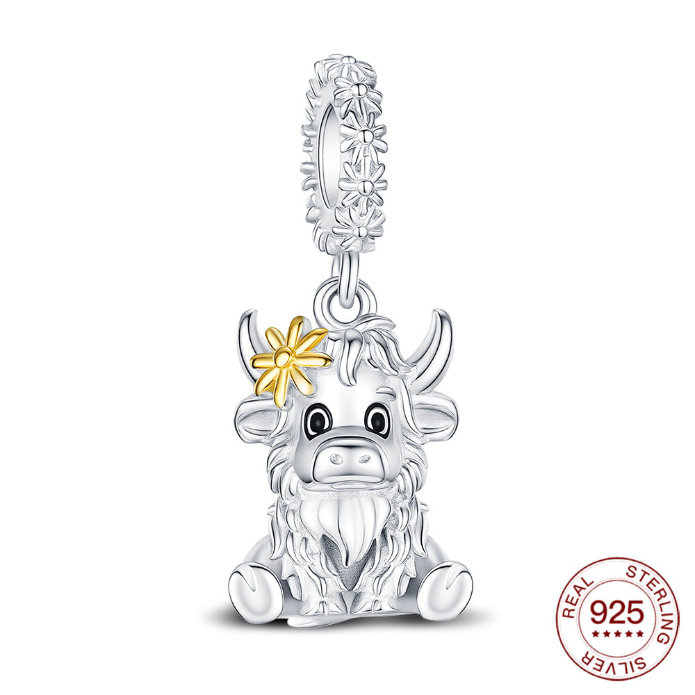 Adorable 925 Sterling Silver Highland Cow Dangle Charm