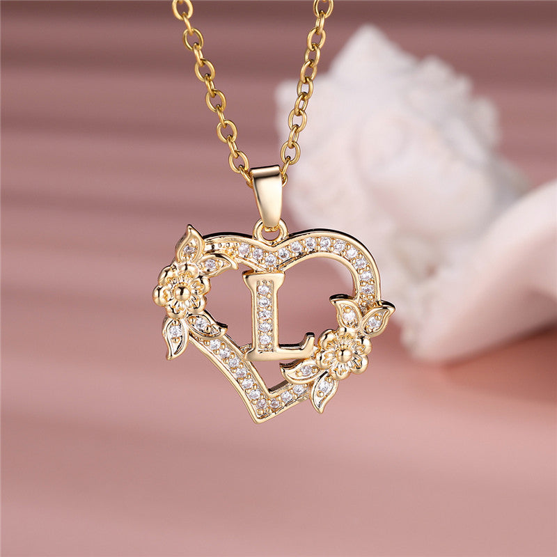 Gold-Plated Heart Initial Necklace – Sparkling Crystal A-Z Letter Pendant with Floral Accents - Truly Yours