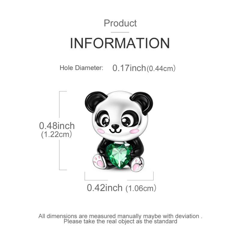 S925 Sterling Silver Cute Panda Charm with Green Crystal Heart