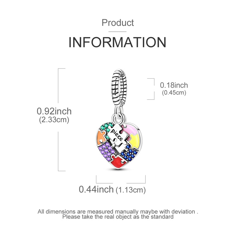 925 Sterling Silver Autism Awareness Puzzle Heart Dangle Charm - Truly Yours