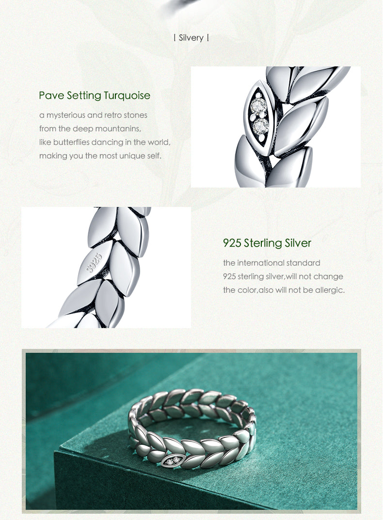 925 Sterling Silver Vintage Wheat Leaf Stackable Ring with Pave Setting Stones - Truly Yours