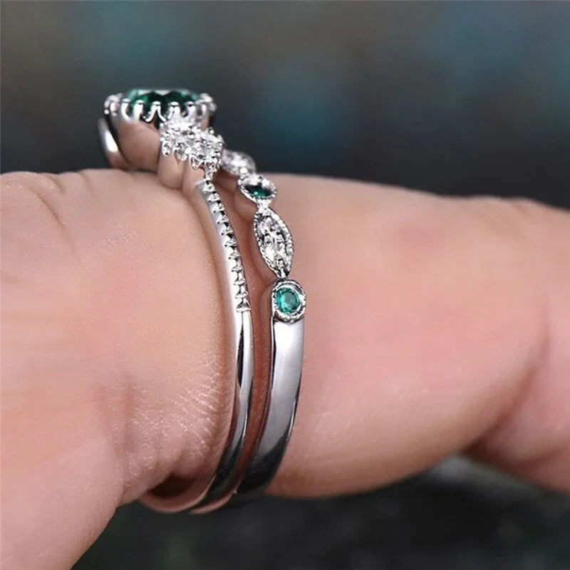 925 Sterling Silver Green Forest Gemstone Two-Piece Promise Ring Set - Truly Yours