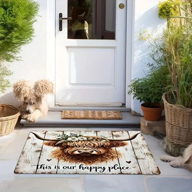 Highland Cow Floral "Happy Place" Welcome Mat Doormat