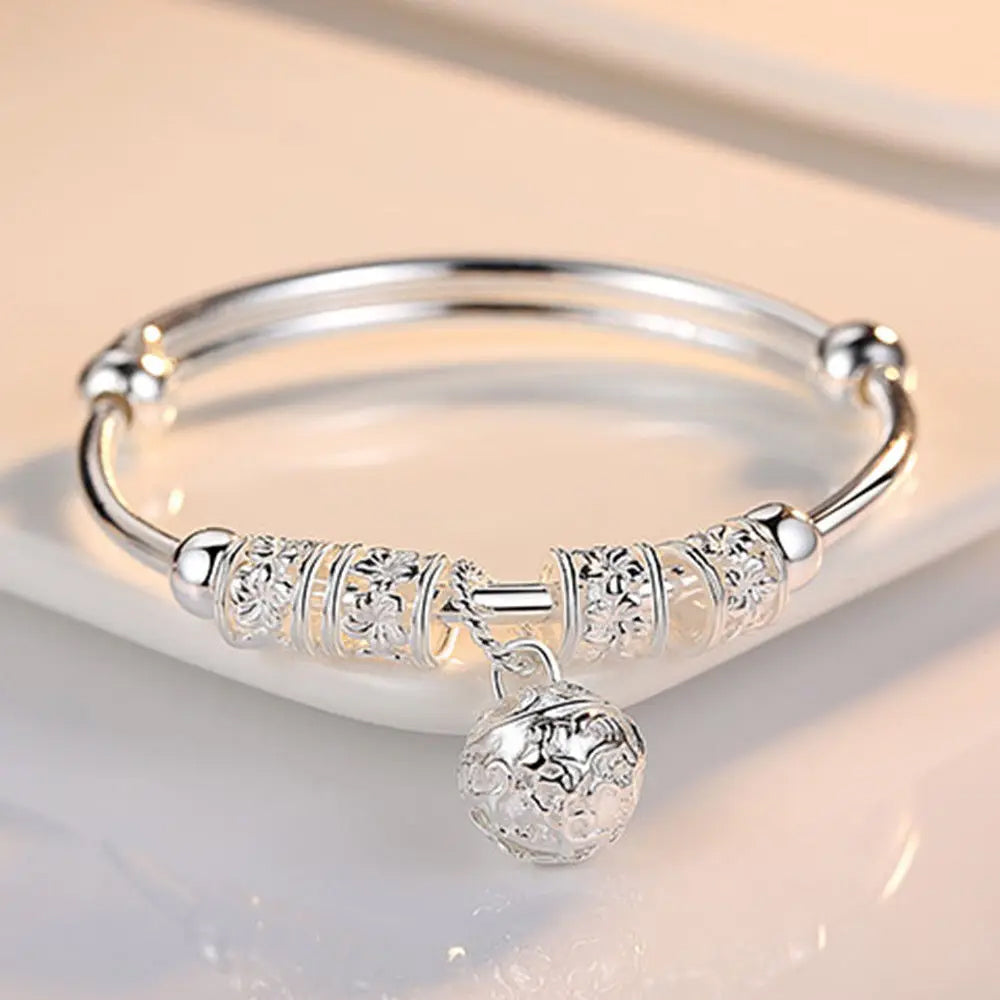 Adjustable 925 Sterling Silver Bangle - Hollow Bell Ball Design