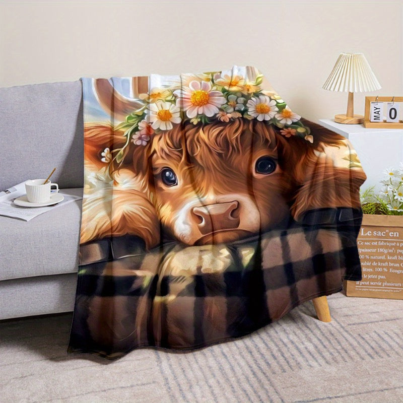 Floral Highland Cow Plush Throw Blanket – Adorable Scottish Coo with Daisy Crown