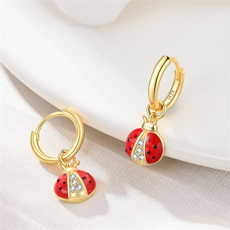 925 Sterling Silver Gold Plated Ladybug Huggie Hoop Earrings
