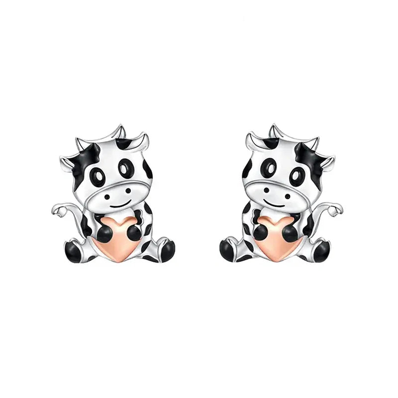Cute Silver Cow Studs with Rose Gold Heart