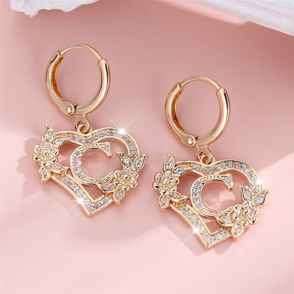 Gold-Plated Heart Initial Necklace – Sparkling Crystal A-Z Letter Earrings with Floral Accents - Truly Yours