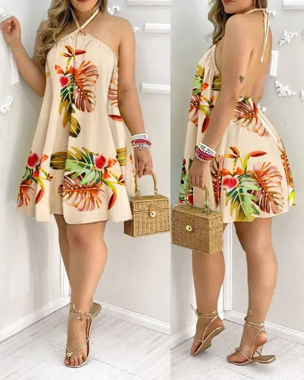 Tropical Print Halter Neck Summer Swing Dress