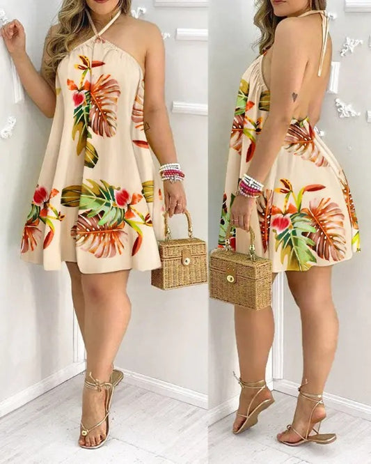Tropical Print Halter Neck Summer Swing Dress - Truly Yours