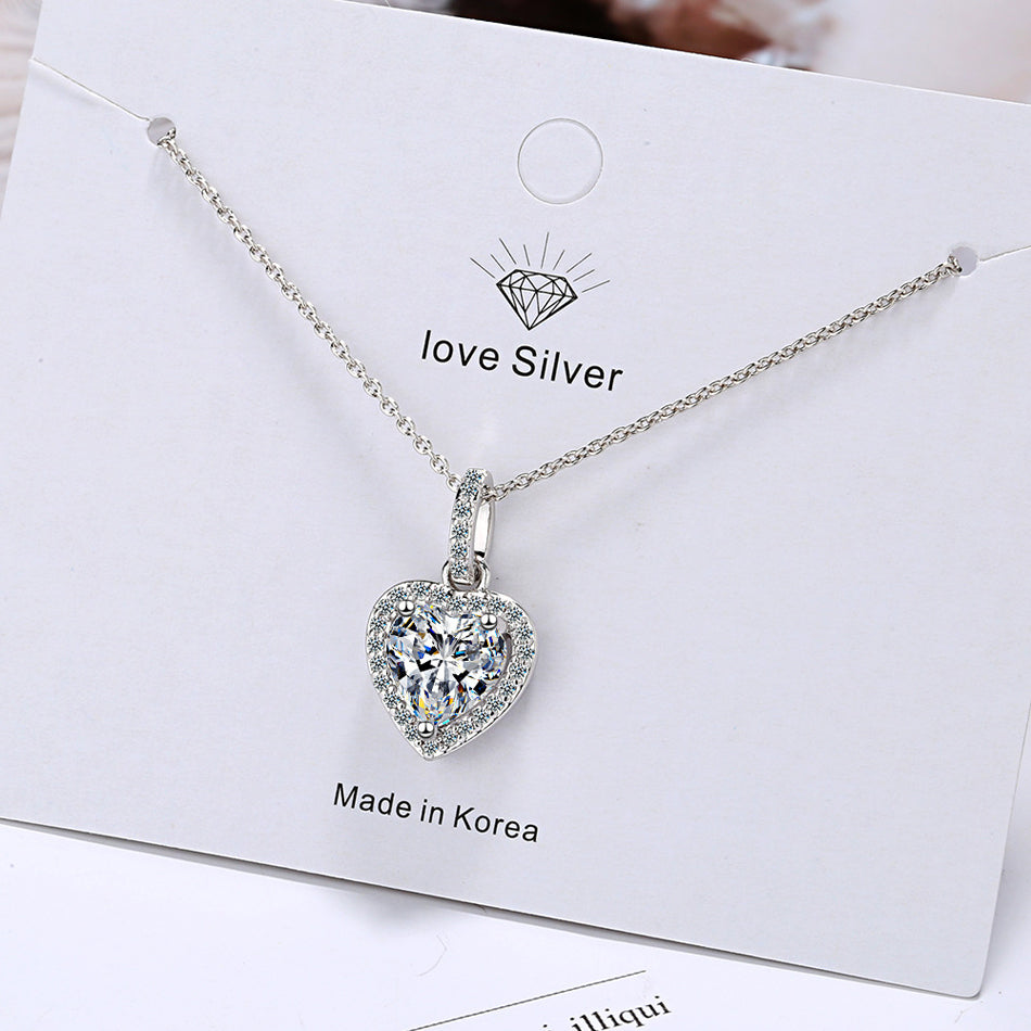 925 Sterling Silver Heart-Cut Zircon Pendant Necklace with Halo Setting