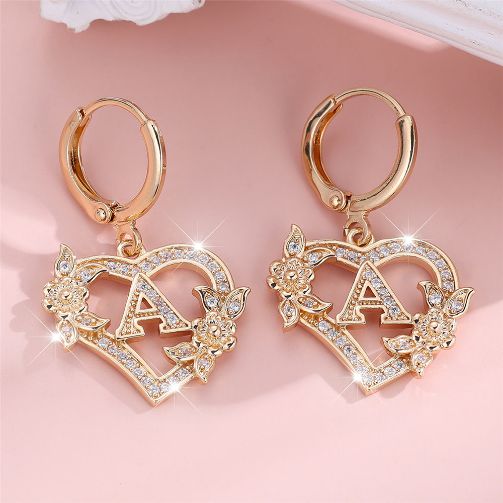 Gold-Plated Heart Initial Necklace – Sparkling Crystal A-Z Letter Earrings with Floral Accents