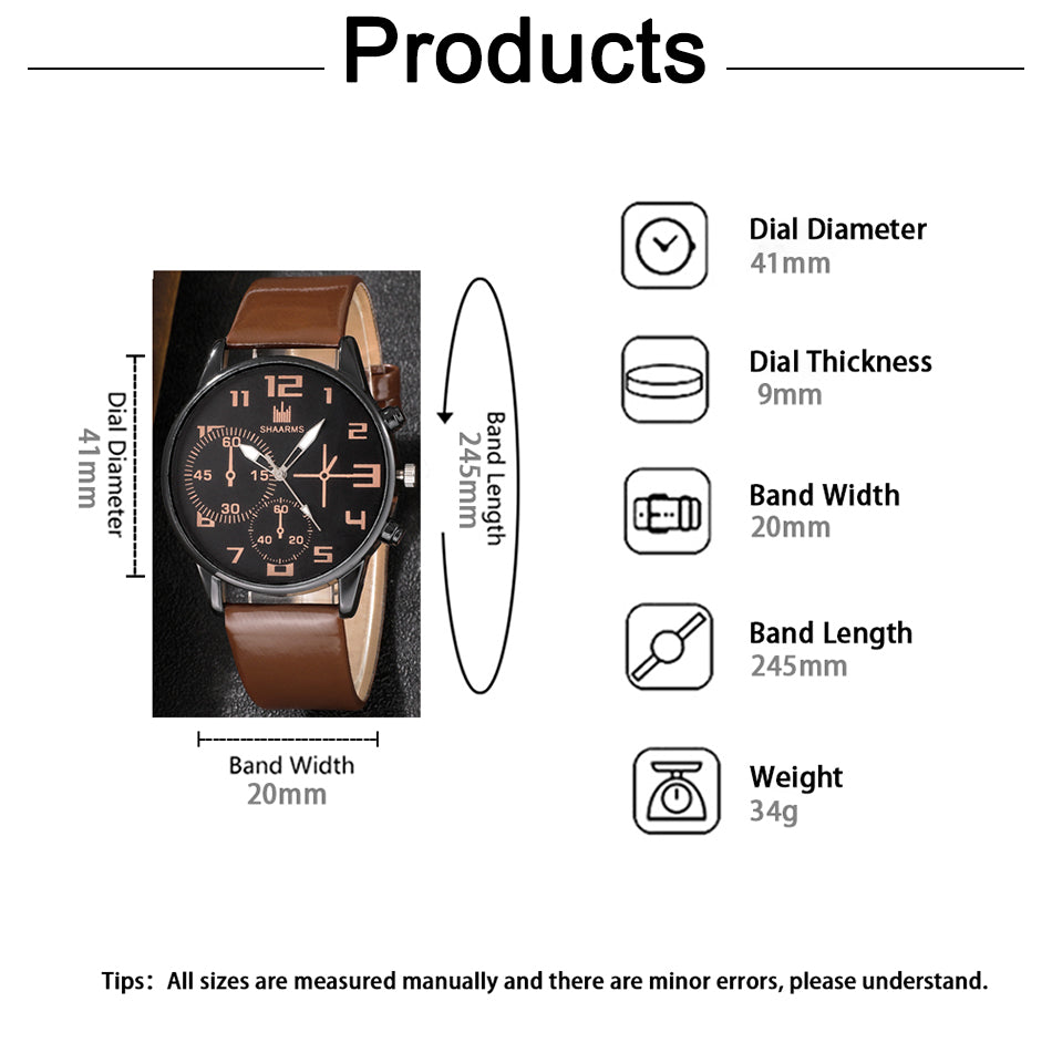 Men’s Fashion Watch & Bracelet 5-Piece Gift Set – Classic Black Dial with Leather Strap