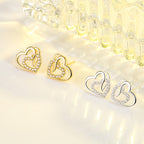 Dual-Tone Heart Stud Earrings – 925 Silver with Zircon Accents (Silver or Gold Finish)