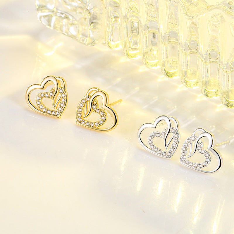 Dual-Tone Heart Stud Earrings – 925 Silver with Zircon Accents (Silver or Gold Finish)