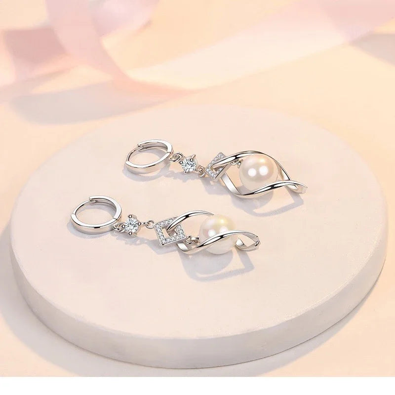 Elegant Pearl & Zircon Drop Earrings – 925 Sterling Silver