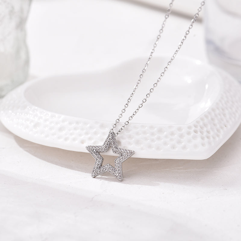 Elegant Silver-Tone Star Pendant Necklace with Sparkling Cubic Zirconia Pave Setting - Truly Yours