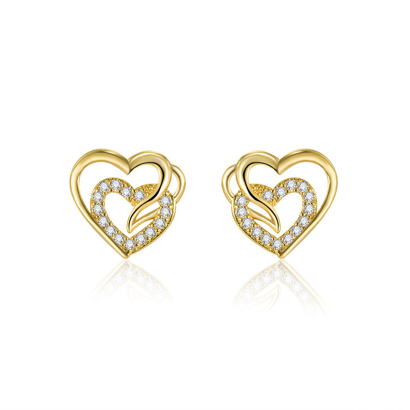 Dual-Tone Heart Stud Earrings – 925 Silver with Zircon Accents (Silver or Gold Finish)