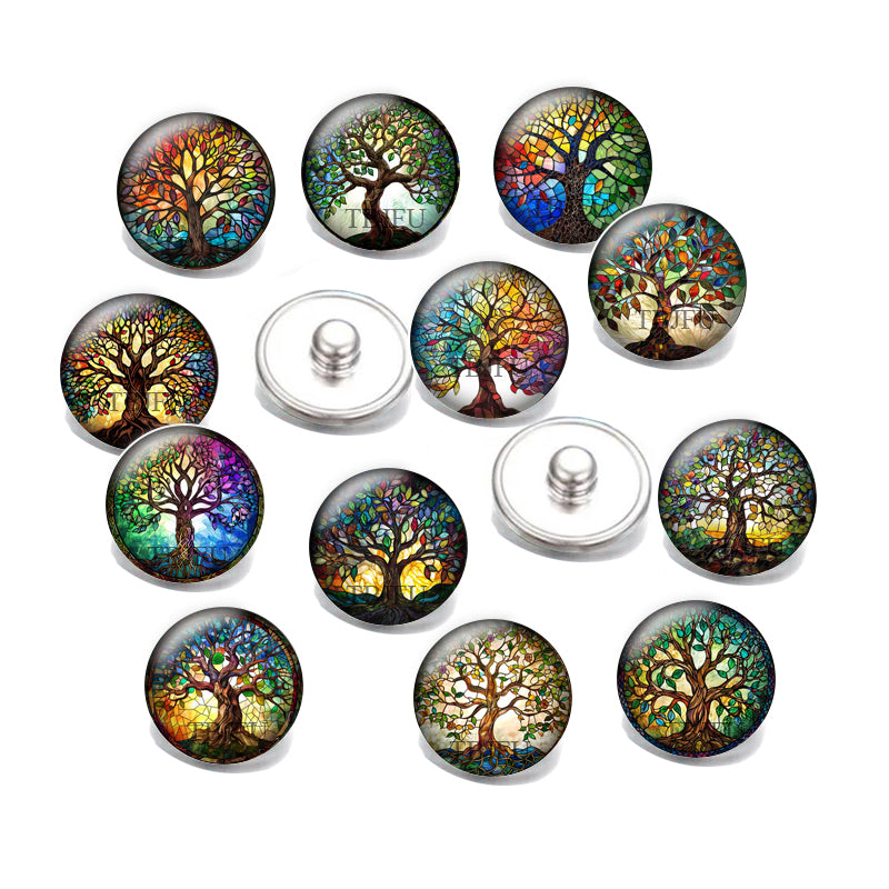 18mm Tree of Life Glass Snap Button Set – Colourful Stained Glass Design Interchangeable Snaps