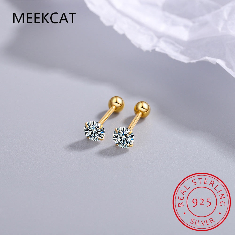 S925 Sterling Silver Moissanite Studs - 18K Gold Plated Screw-Back Earrings