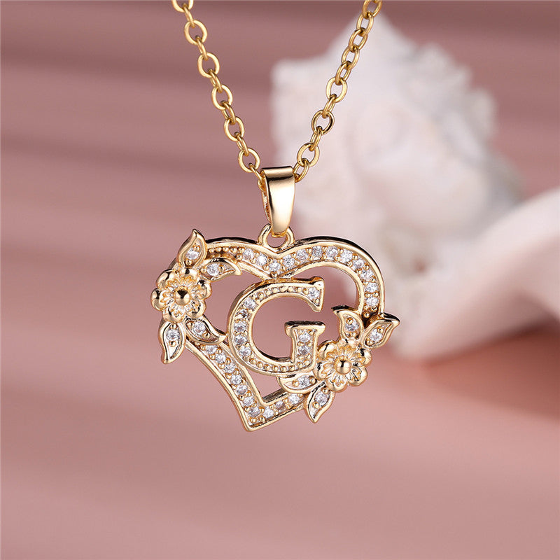 Gold-Plated Heart Initial Necklace – Sparkling Crystal A-Z Letter Pendant with Floral Accents - Truly Yours
