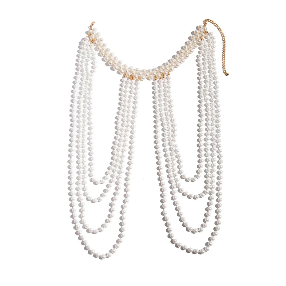 Multi-Strand Imitation Pearl Body Chain Necklace - Wedding Statement Piece