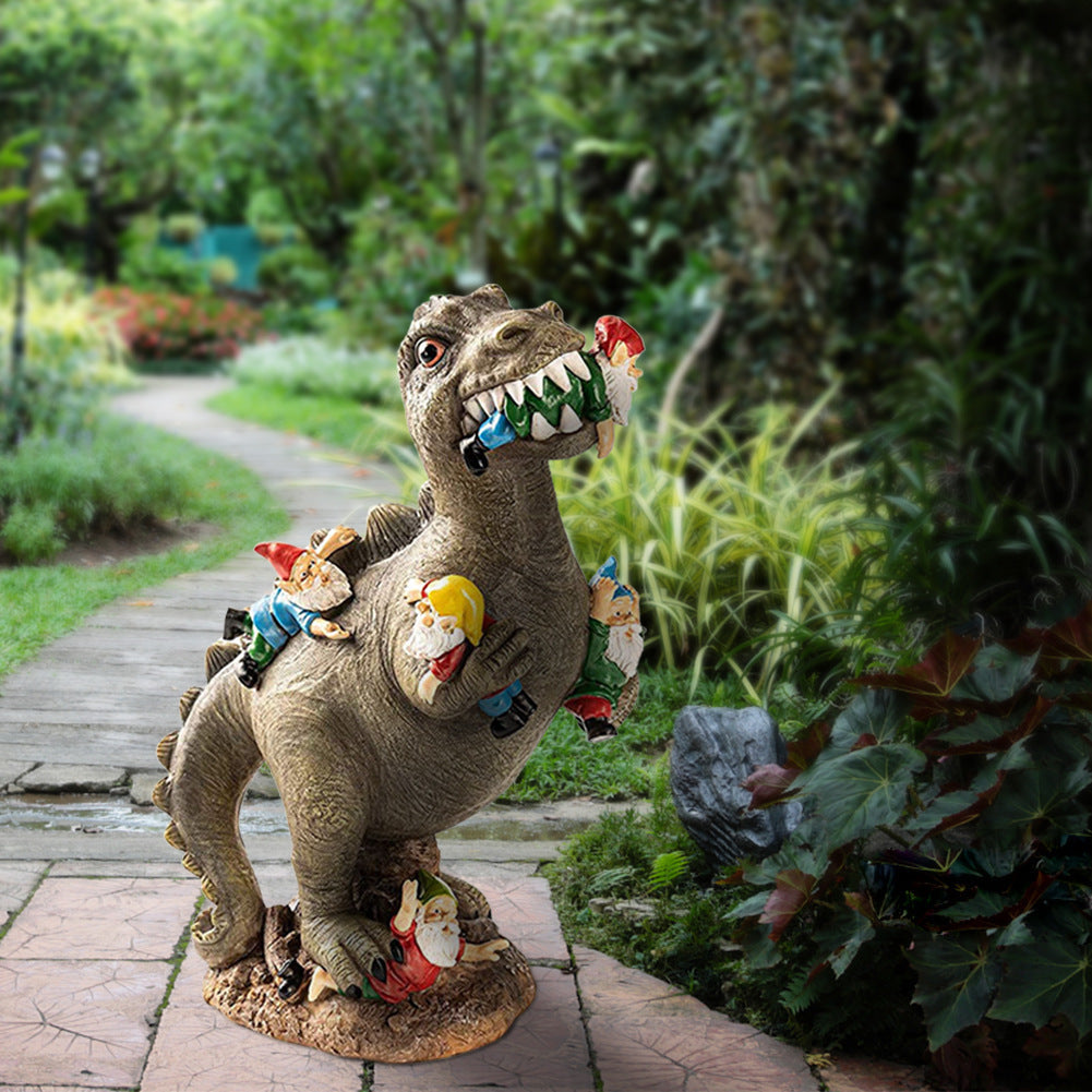 T-Rex Garden Dinosaur Statue Eating Gnomes - Truly Yours