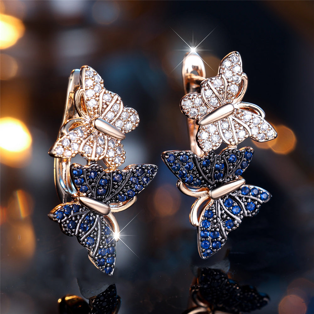 Gold-Tone Butterfly Hoop Earrings with White & Blue Crystal Zircon