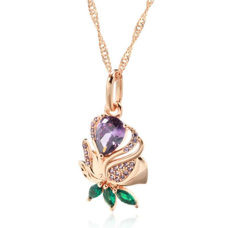 585 Rose Gold Purple & Green Zircon Floral Pendant Necklace (45+5cm) - Truly Yours