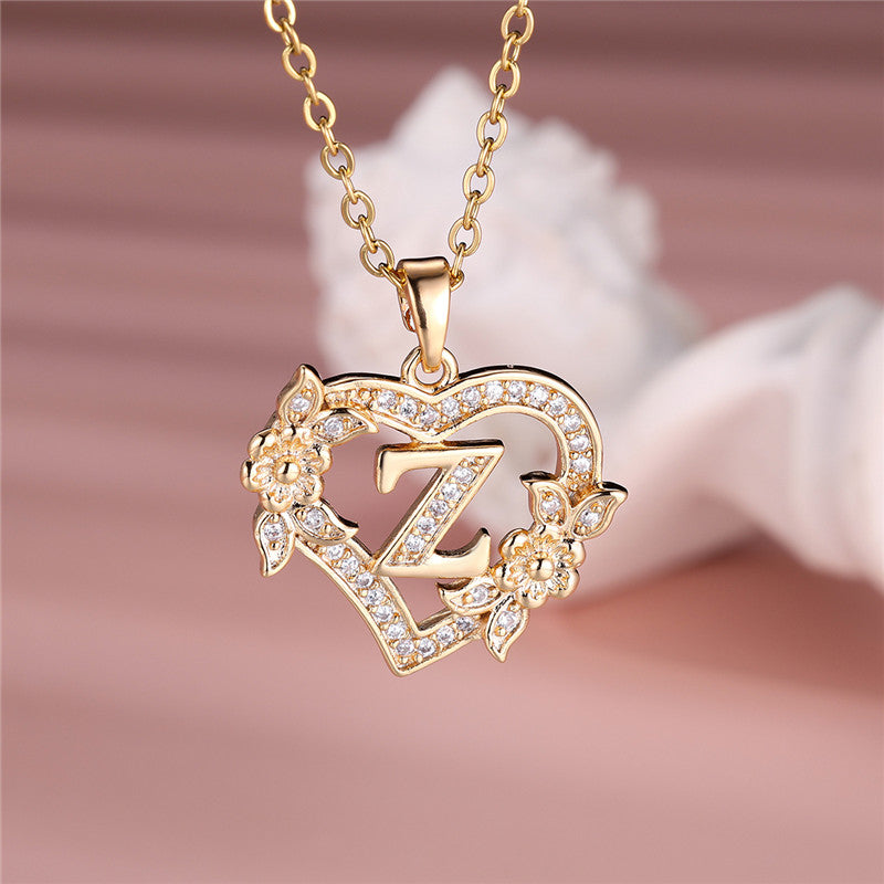 Gold-Plated Heart Initial Necklace – Sparkling Crystal A-Z Letter Pendant with Floral Accents - Truly Yours