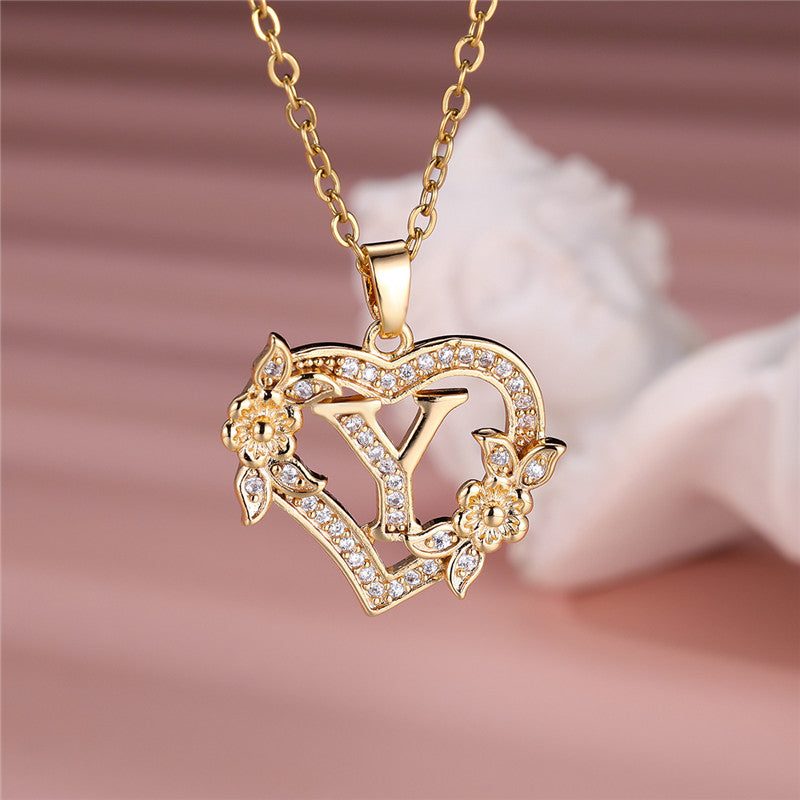 Gold-Plated Heart Initial Necklace – Sparkling Crystal A-Z Letter Pendant with Floral Accents - Truly Yours