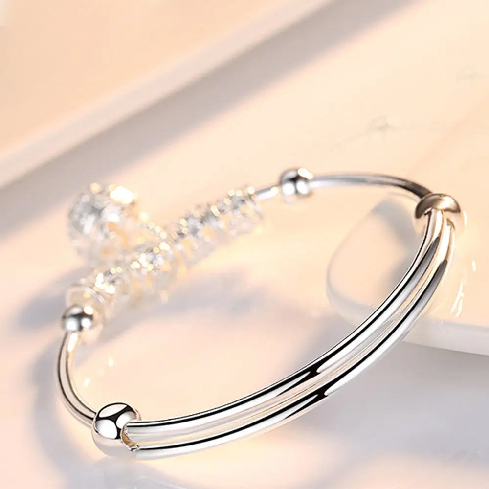 Adjustable 925 Sterling Silver Bangle - Hollow Bell Ball Design