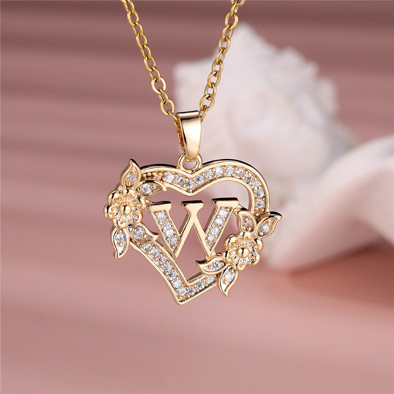 Gold-Plated Heart Initial Necklace – Sparkling Crystal A-Z Letter Pendant with Floral Accents - Truly Yours