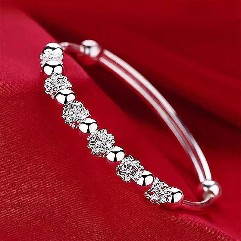 925 Sterling Silver Adjustable Bangle with Lucky Flower Spacers and High-Polish Beads - Truly Yours