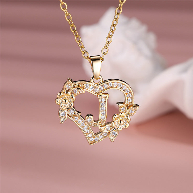 Gold-Plated Heart Initial Necklace – Sparkling Crystal A-Z Letter Pendant with Floral Accents - Truly Yours